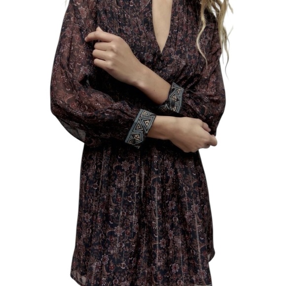 ZARA Floral Metallic Stripe Mini V Neck Dress Size L Boho Flowy Party Cuff - Picture 4 of 12
